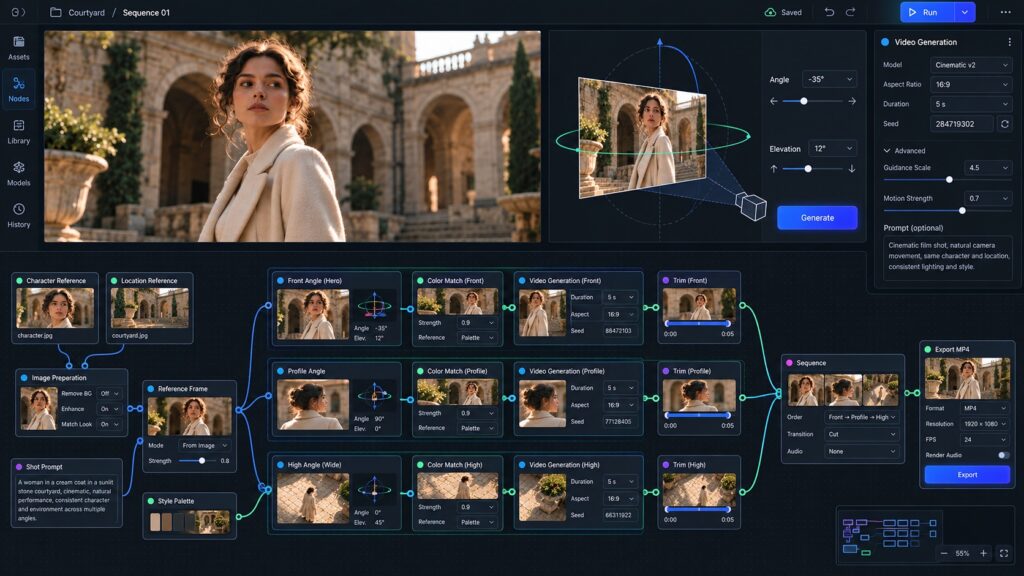 AI-generated concept of an AI filmmaking interface with a scene preview, image-based camera controls and a detailed branching production workflow.